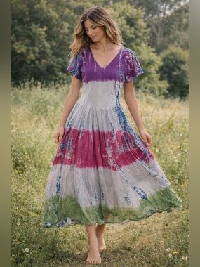 Pyramid Collection Tie Dye Dress L Boho Cotton Maxi Festival Hippie Cottagecore